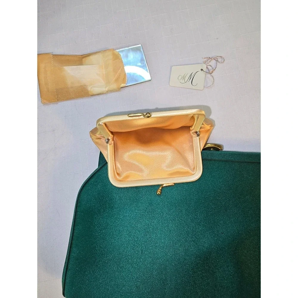 Vintage MM Emerald Green Satin Evening Clutch Bag with Coin Purse and Mirror